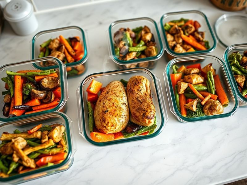 Multiple prepared meal containers from a batch cooking session