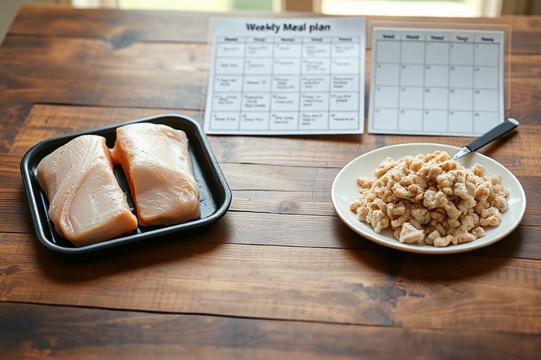 Organized meal prep with two fresh proteins and one freezer protein, illustrating the 2+1 strategy