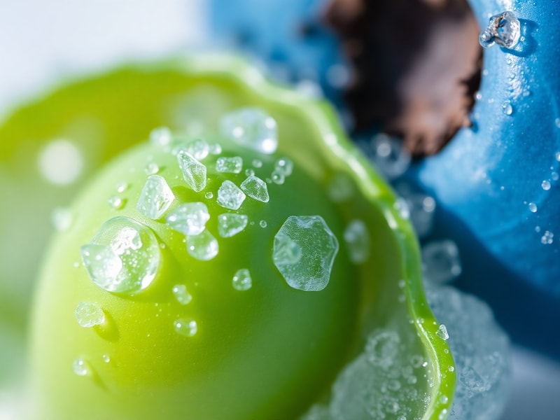 Macro photography of the flash-freezing process, preserving a piece of produce at its peak ripeness.