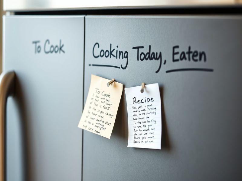 A visual Kanban board on a kitchen wall with columns and recipe cards for tracking meal progress