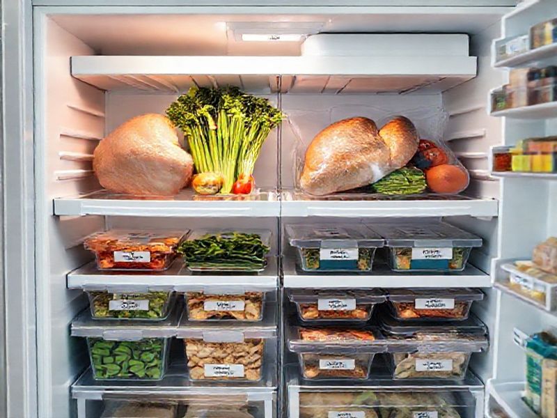 Organized refrigerator demonstrating 2+1 meal strategy with clear zones for fresh proteins and freezer meals
