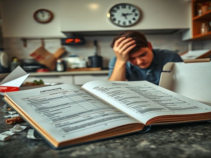 A frustrated home cook with a discarded complex meal plan, a late clock, and a takeout box, illustrating unrealistic meal planning.