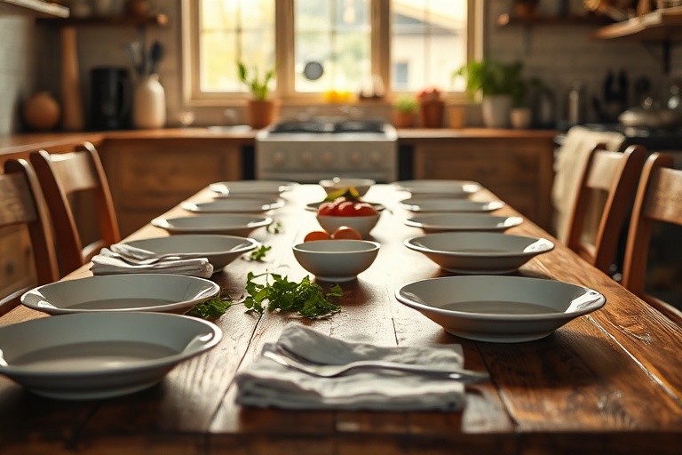 A neat row of dinner plates becoming scattered in a warm kitchen, illustrating optimistic weekly plans breaking down.