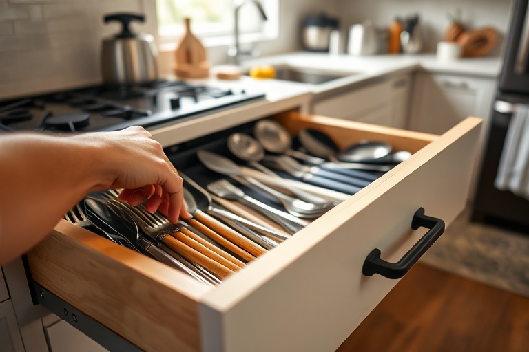 Close-up of a hand opening an organized kitchen utensil drawer, showcasing functional, behavior-focused design.
