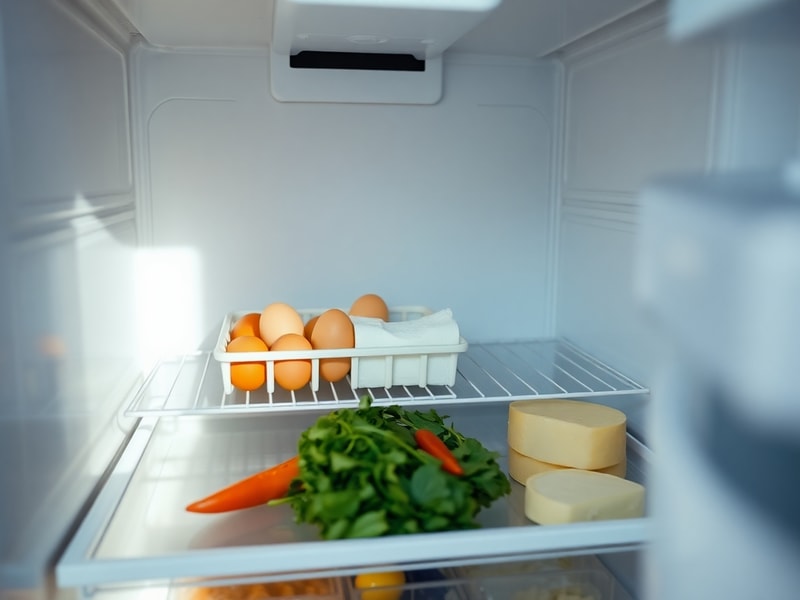 A minimalist, well-organized refrigerator illustrating Just-in-Time inventory management for a home kitchen.