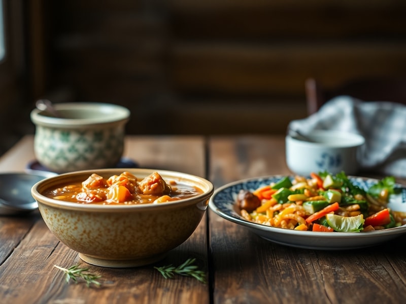A visual metaphor showing a familiar meal contrasted with a new, vibrant dish, representing the balance between food neophobia and curiosity