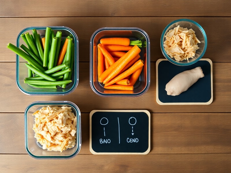 Overhead view of a visual kitchen organization system with fresh and prepped ingredients, representing sustainable rotation.