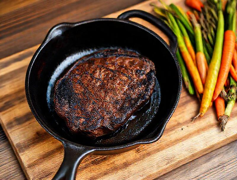 Perfectly seared steak in a cast iron skillet with fresh vegetables