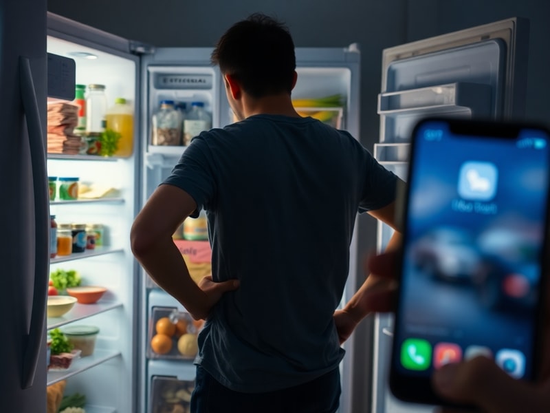 A person experiencing decision fatigue in front of an open fridge, contemplating takeout after a long day.