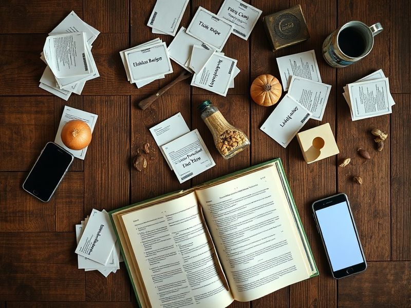 Overhead view of a cluttered kitchen table with a cookbook and ingredients, symbolizing the cognitive strain of evening meal decisions.