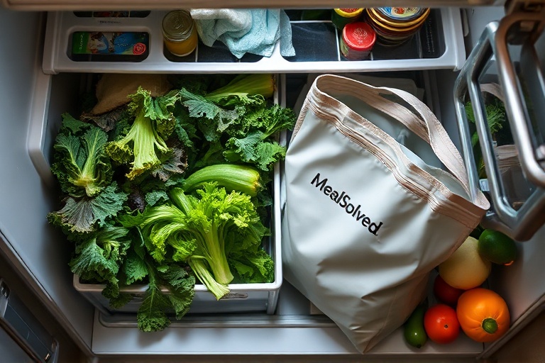 A cluttered fridge full of spoiled food contrasted with an organized MealSolved kit, highlighting food waste.