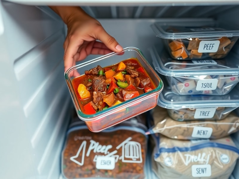 Hands placing a container of prepared beef stew into an organized home freezer as a strategic backup meal.