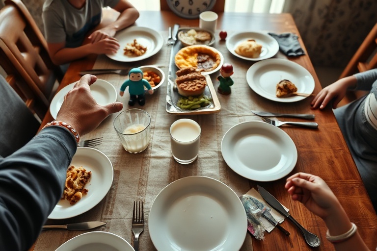 A chaotic family dinner table scene symbolizing the stress of coordinating mealtimes.