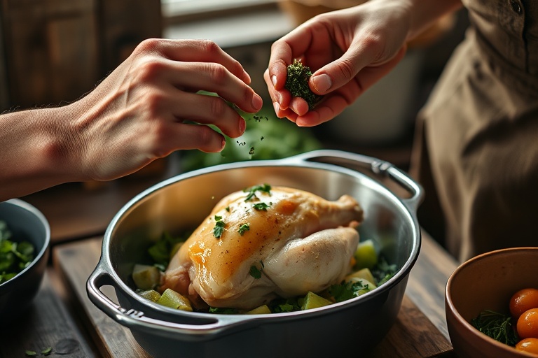 Two sets of hands collaboratively preparing a meal with fresh chicken and herbs, representing shared cognitive labor in the kitchen.