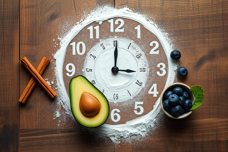 Artistic representation of circadian rhythm and metabolism using a clock face and fresh, symbolic foods on a rustic surface.