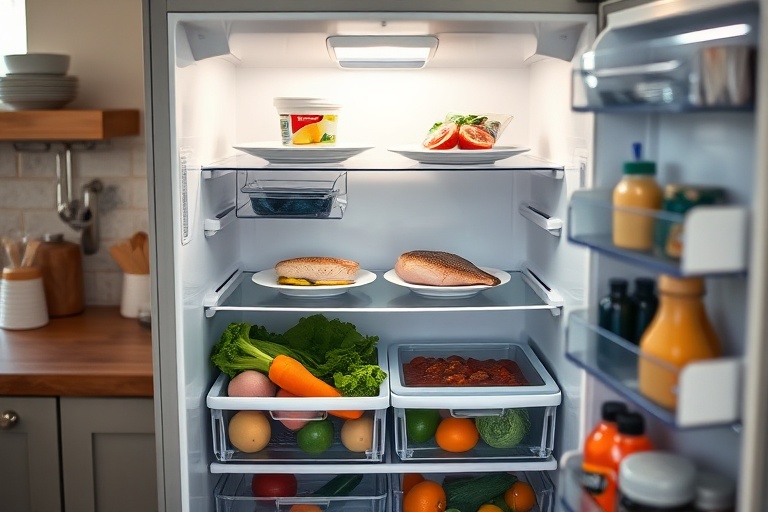 A home refrigerator organized with the 2+1 Strategy, showing designated zones for ready-to-eat foods, fresh proteins, and a freezer meal to prevent cross-contamination.