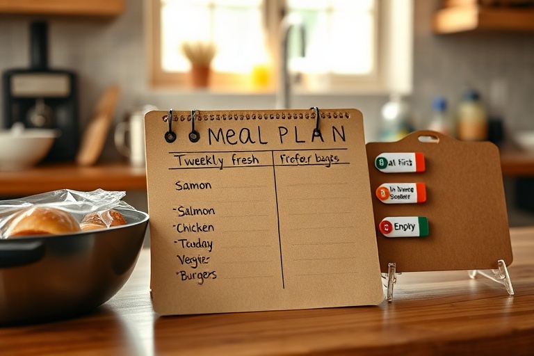 A rustic kitchen notepad showing a weekly meal plan with the 2+1 strategy next to a simple visual Kanban board for freezer inventory.