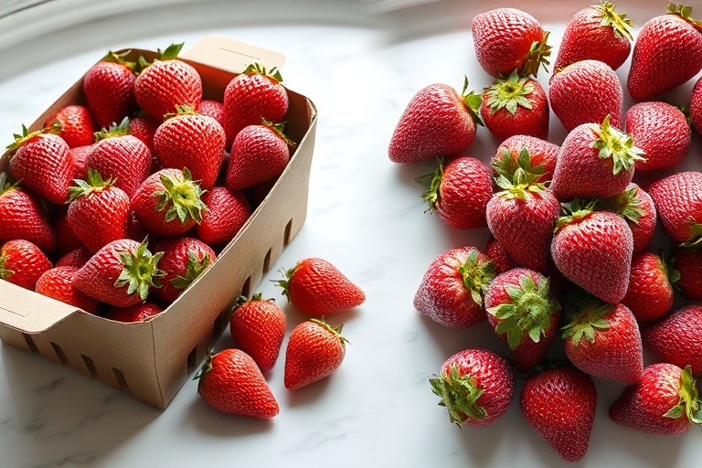 Comparison of slightly overripe fresh strawberries versus vibrant, perfectly preserved flash-frozen strawberries.