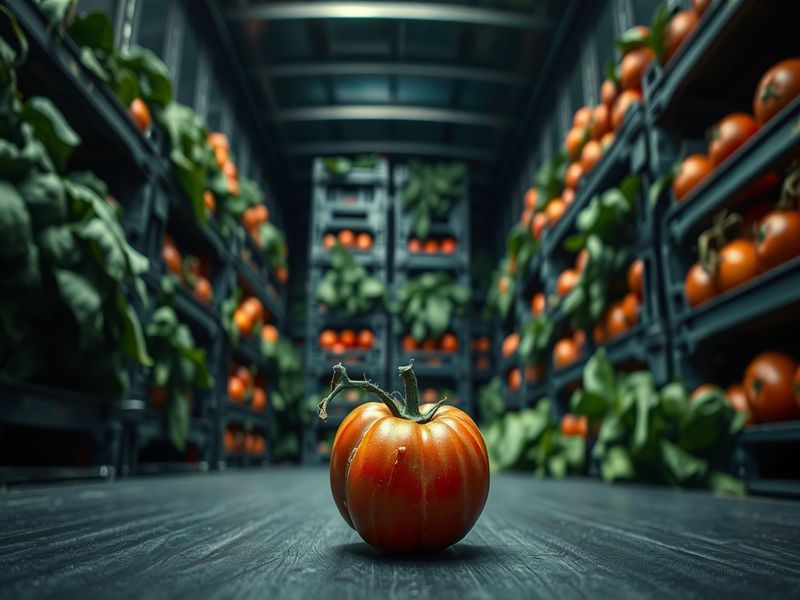 Inside a produce transport truck showing stacked crates, illustrating the vibration stress that causes nutrient degradation in fruits and vegetables.