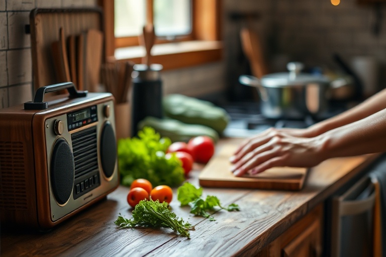 A home cook preparing food with a speaker playing music in the background, illustrating the concept of sonic seasoning.