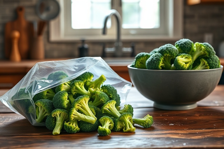 A comparison of flash-frozen broccoli and fresh broccoli on a kitchen counter, showcasing the preserved vibrancy of frozen produce.