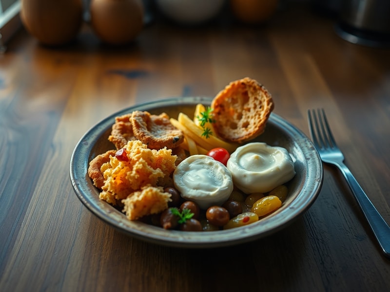 Conceptual overhead shot of a meal plate where different textured foods appear to glow, symbolizing how they activate separate sensory pathways in the brain.
