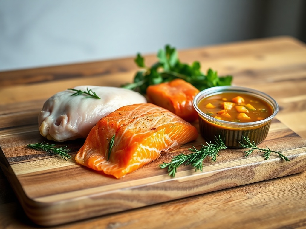 Two fresh proteins and one prepared freezer meal arranged on a rustic cutting board.