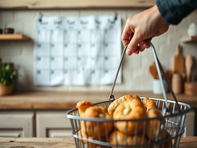 A hand choosing tempting snacks while a weekly calendar is ignored in the background, showing present bias.