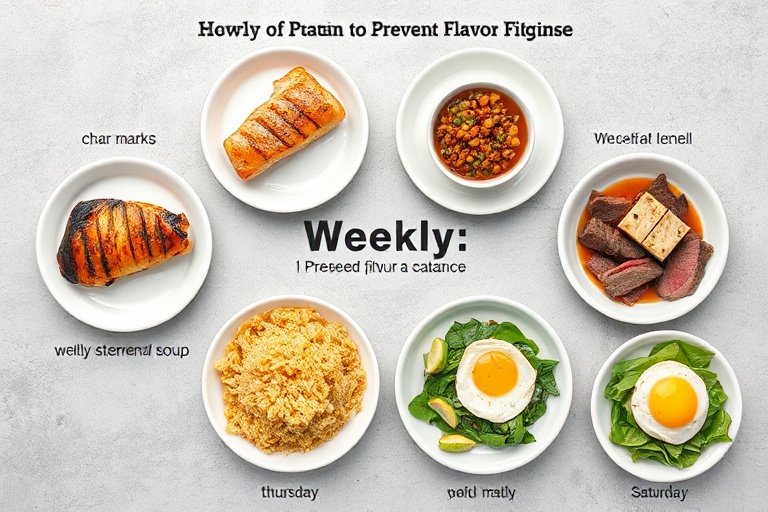 A visual week of meals showcasing protein and cooking method variety with grilled chicken, steamed salmon, lentil soup, stir-fried tofu, roast beef, paella, and poached eggs.