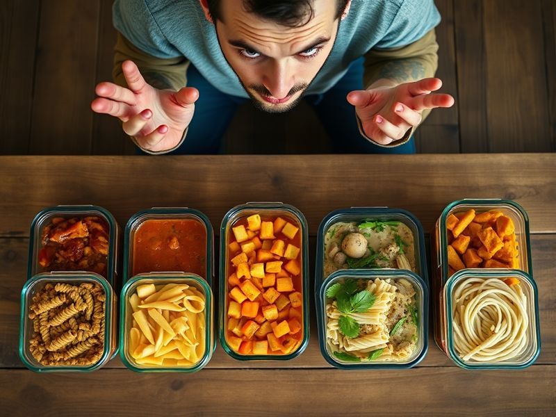 Overhead view of a person facing decision overload from six different batch-cooked meals in identical containers.