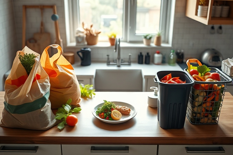 A visual metaphor for the linear kitchen: groceries, a finished meal, and food waste in a trash bin on a countertop.