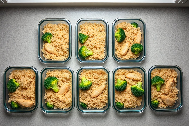 A row of identical meal prep containers with the same chicken, rice, and broccoli, illustrating food boredom from traditional meal prep.