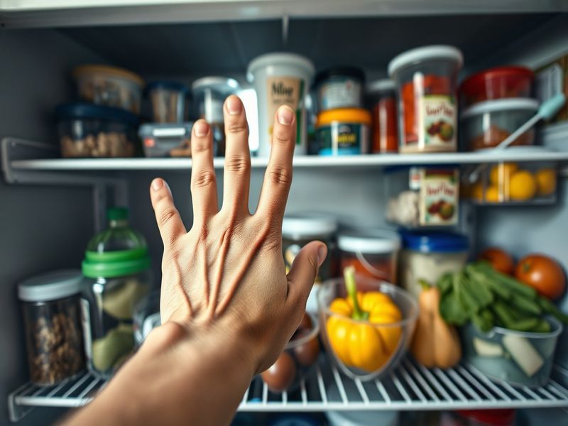 A hand hesitates between fresh and slightly wilted food in a cluttered refrigerator, illustrating loss aversion.