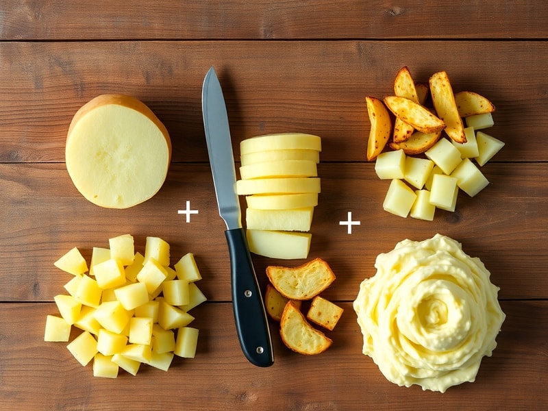 A sequential visual showing a raw potato transformed through different cooking methods - roasting, boiling, and mashing - resulting in distinct textures on a wooden board.