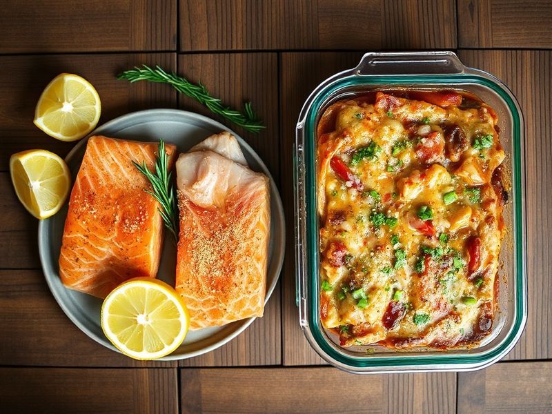 Overhead view of the 2+1 Strategy: two fresh proteins and one prepared freezer meal, illustrating simple, low-stress meal planning.