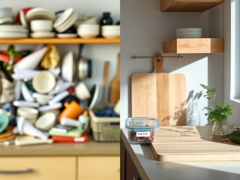 A visual comparison between a chaotic kitchen and an organized, efficient one using industrial principles.