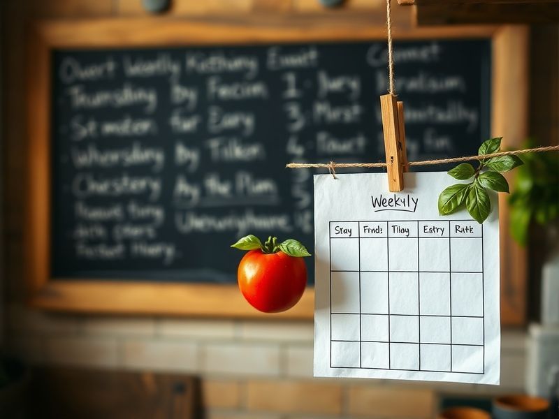 A simple, clipped weekly meal plan foregrounded against a blurry chalkboard, representing the shift from food noise to structured calm.