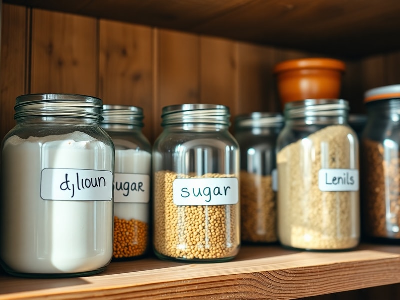 An organized kitchen pantry with clear glass jars illustrating the 5S 