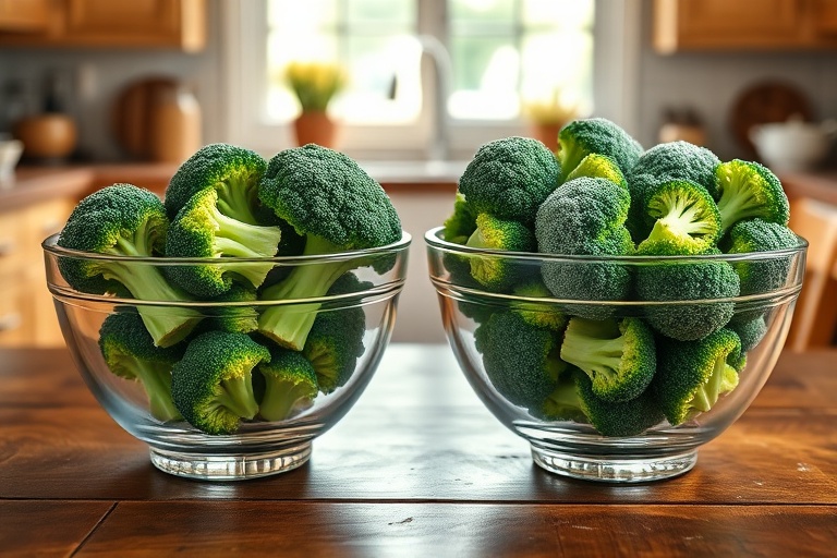 Two bowls side-by-side: one with fresh, slightly wilted broccoli and one with vibrant, frosty frozen broccoli