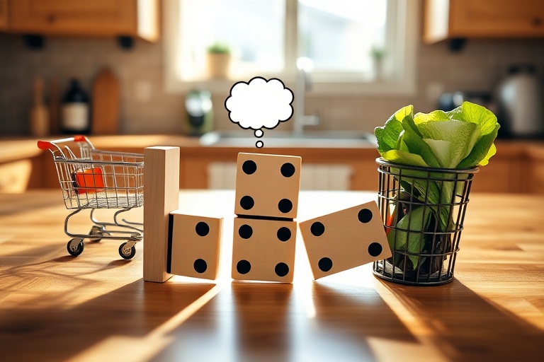 Visual metaphor of three dominoes falling, representing the cognitive cascade from grocery shopping to decision fatigue to food waste in the kitchen.