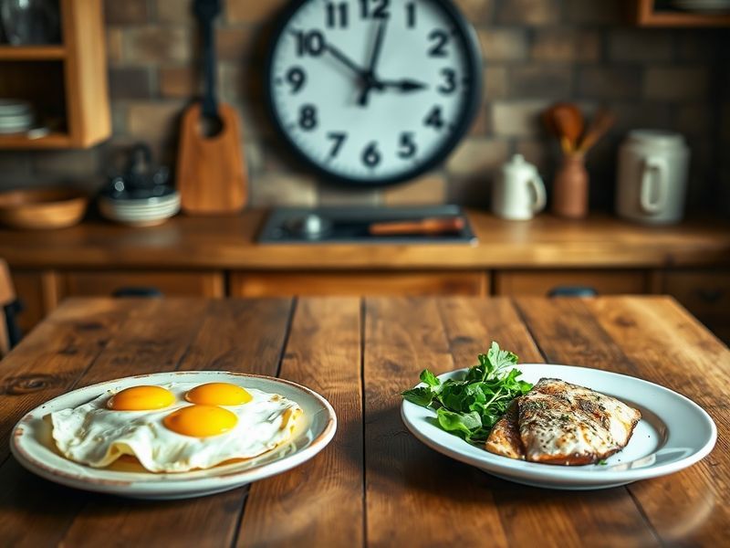 Comparison of a hearty breakfast plate and a light dinner plate on a rustic table, illustrating the concept of earlier eating for metabolic health.