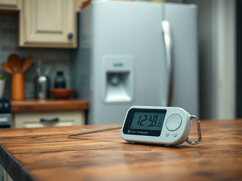 A kitchen thermometer on a counter with a home freezer in the blurred background.