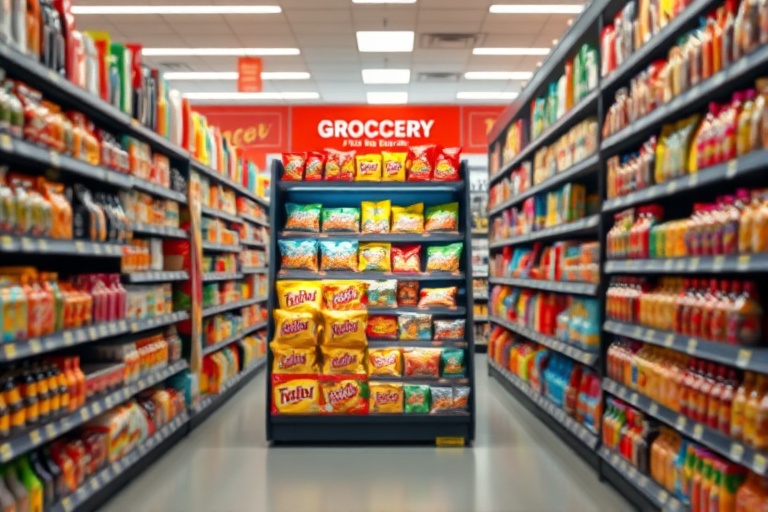 A prominent and strategically placed endcap promotion in a grocery store.
