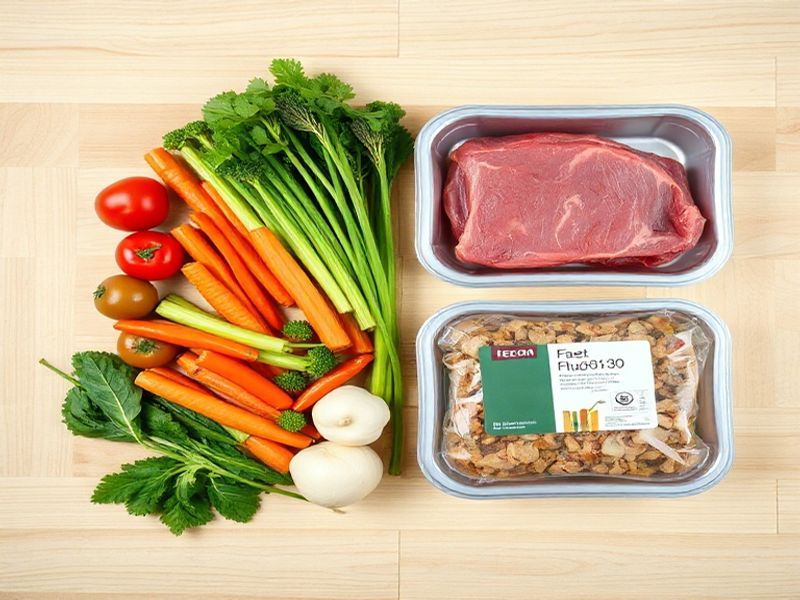 Fresh ingredients compared with organized frozen meal containers.