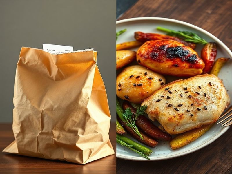 Visual cost comparison between a takeout bag and a fresh, home-cooked meal.