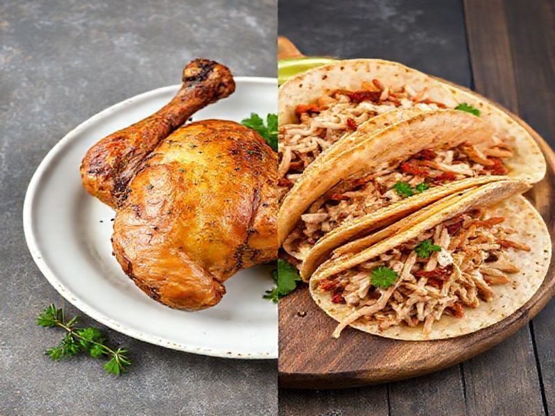 Comparison of a roast chicken dinner and chicken tacos showing versatility.
