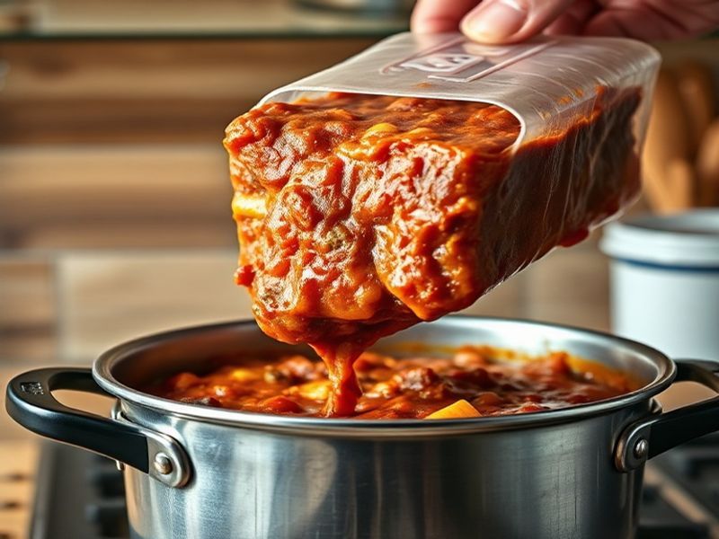 A high-quality frozen meal being transferred from a glass container to a cooking pot.