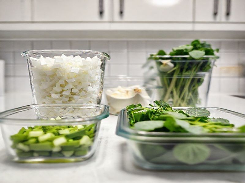 Organized glass containers with prepped vegetables on a kitchen counter.