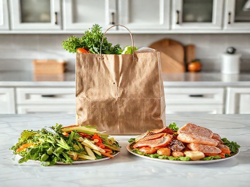 A clean kitchen counter displaying organized fresh ingredients for two meals.