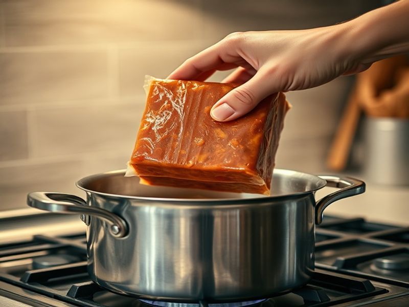 A frozen meal block being placed into a pot for reheating.